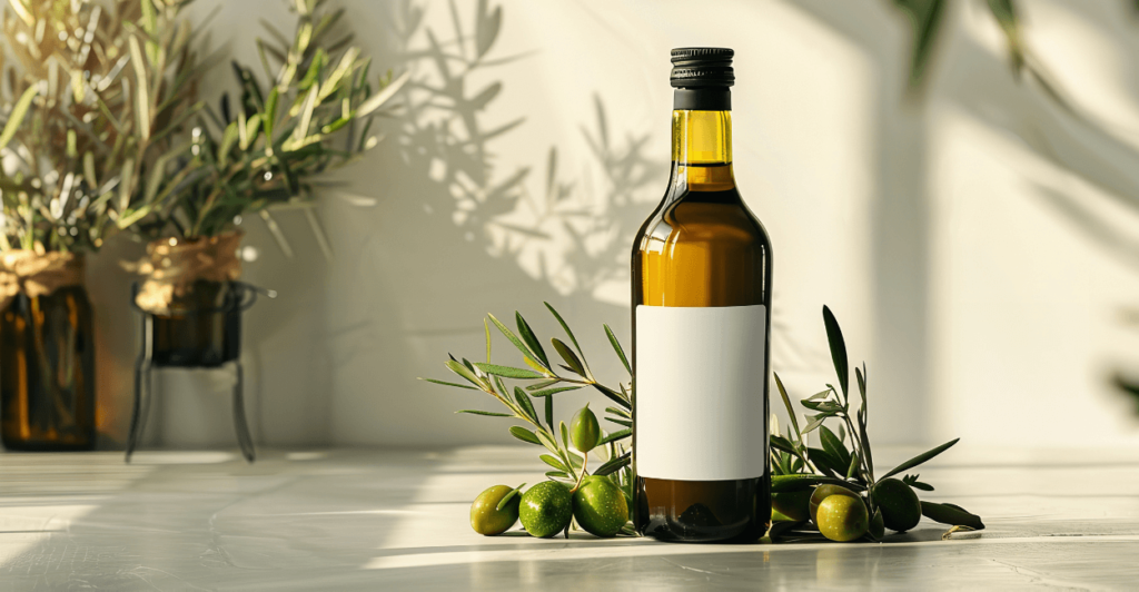 Dark glass bottle of olive oil on a pantry shelf to protect it from light and preserve freshness