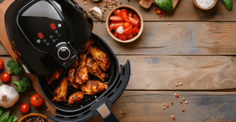 Crispy vegetables and chicken fresh out of an air fryer basket, ready to serve.