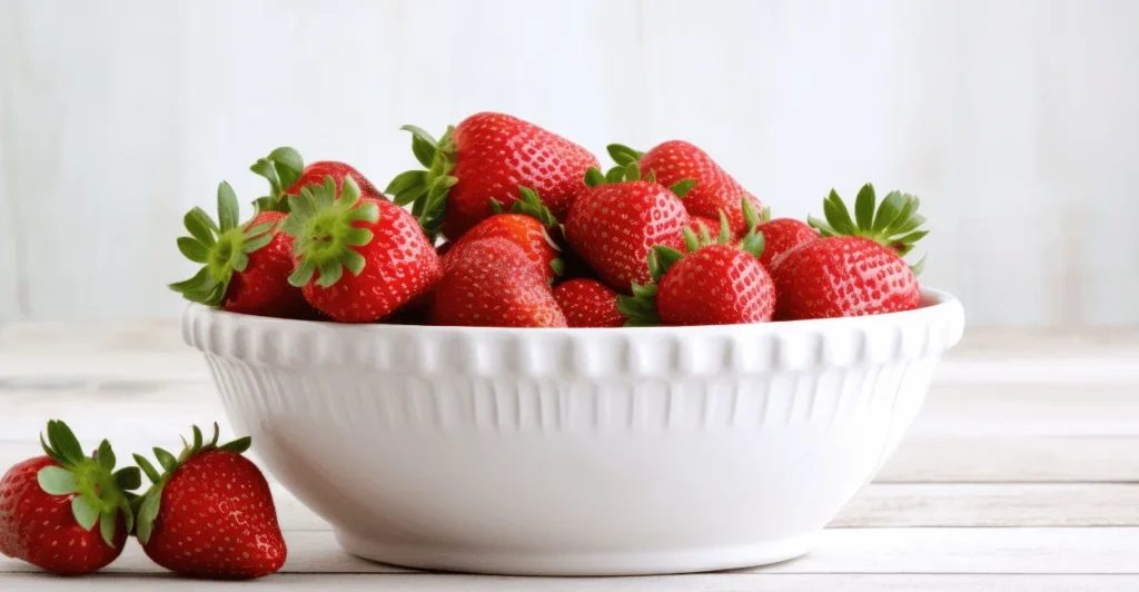 A bowl filled with ripe, red strawberries sitting on a kitchen countertop