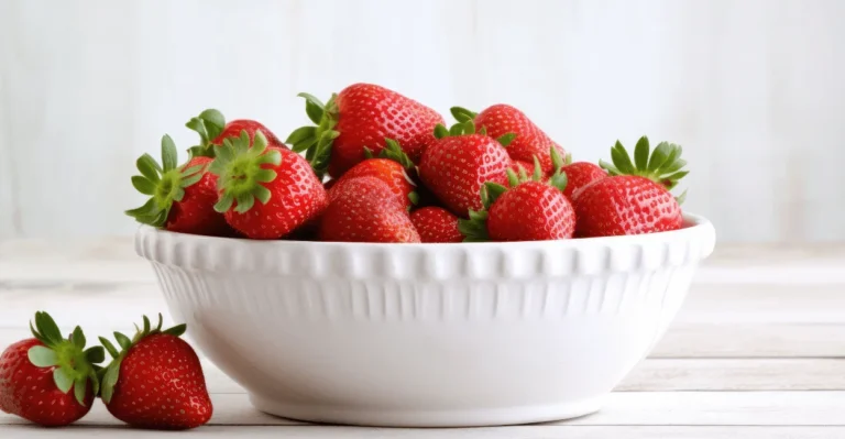 A bowl filled with ripe, red strawberries sitting on a kitchen countertop