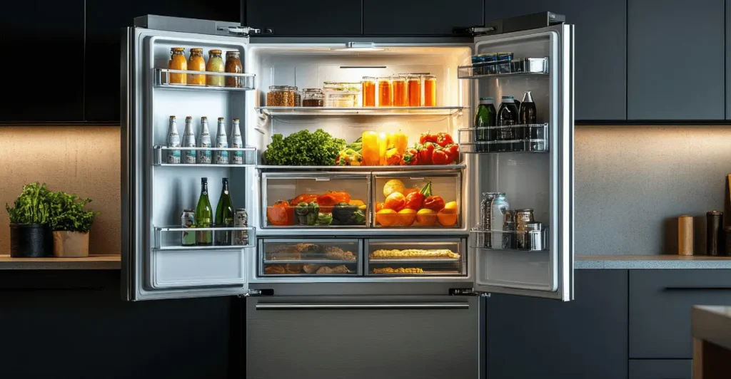 Refrigerator with assorted food items being checked after power outage