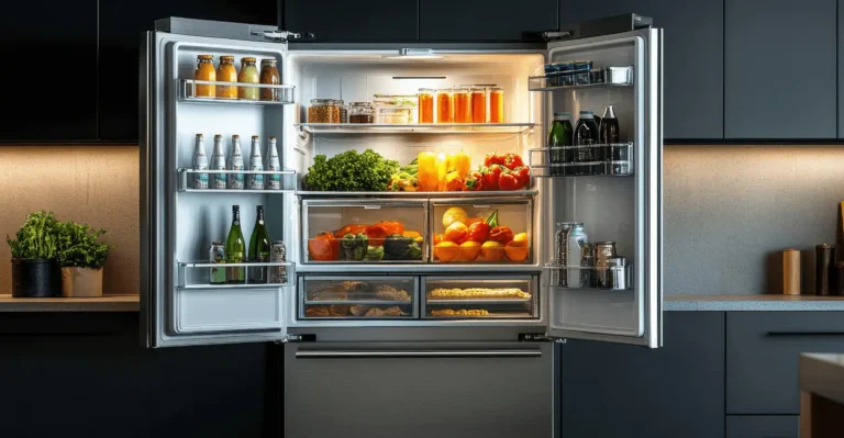 Refrigerator with assorted food items being checked after power outage