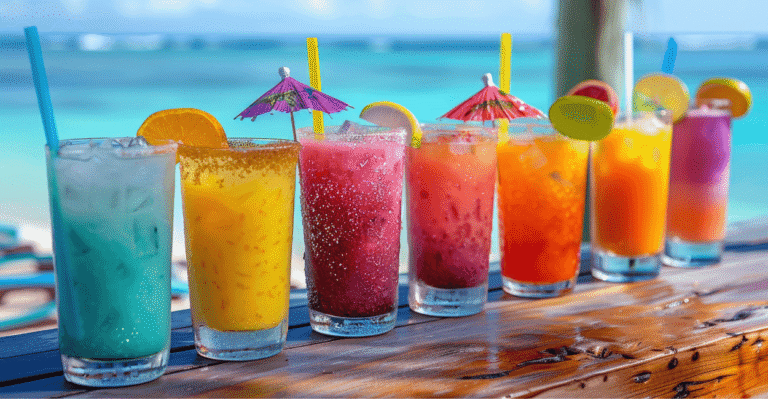 Refreshing drinks in glasses lined up by the sea, perfect for staying hydrated and beating the summer heat