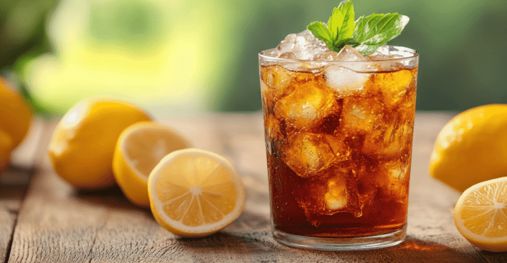Glass of iced tea with lemon slices and ice cubes on a sunny day