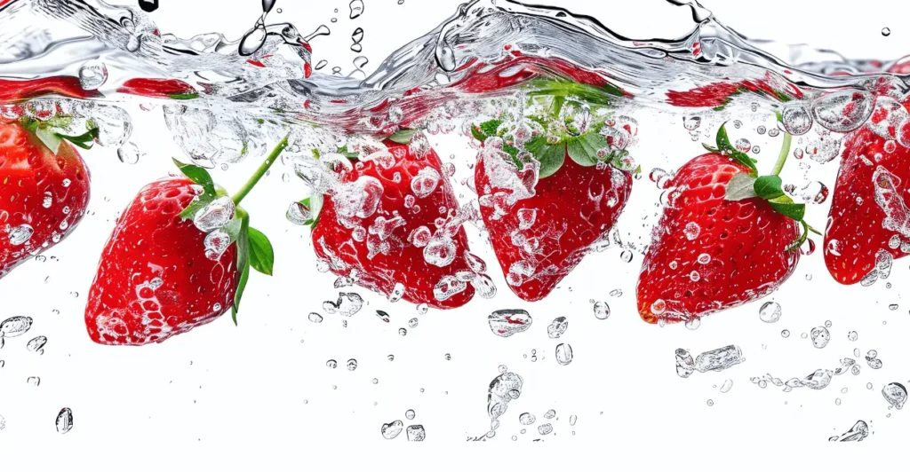 Rinsing fresh strawberries under cool water with stems still attached
