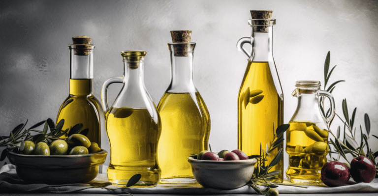 Bottle of olive oil stored in a kitchen cabinet to keep it cool and protected from light