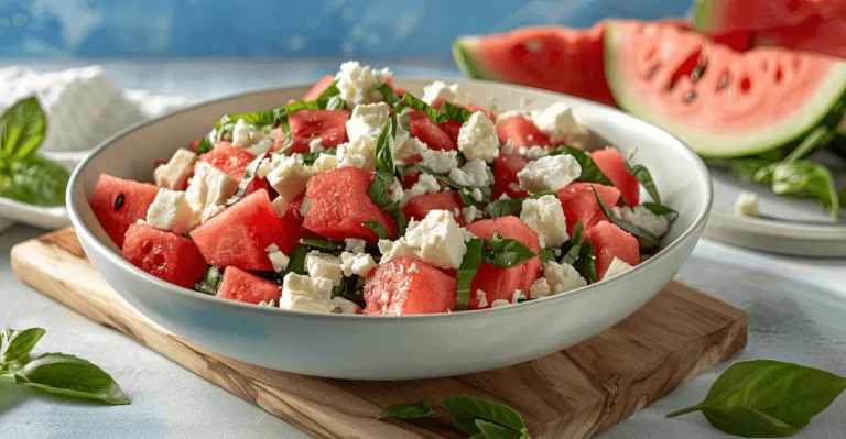 Fresh watermelon salad with feta cheese, mint leaves, black olives, and olive oil served in a white bowl on a summer table