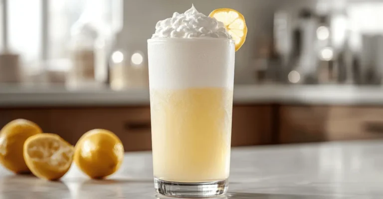 Glass of whipped lemonade topped with whipped cream and lemon slice on a sunny day